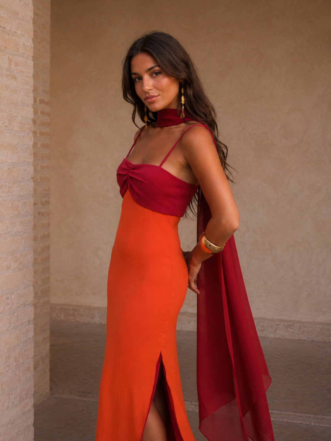 Vestido Largo Bicolor Drapeado