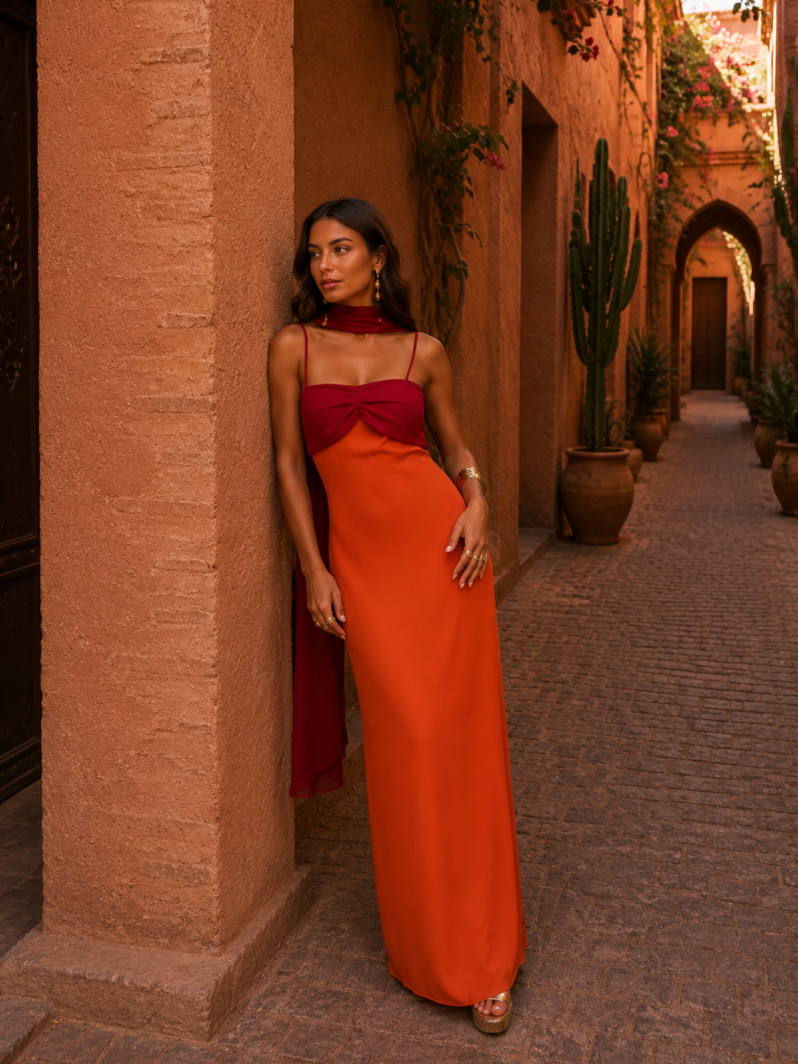 Vestido Largo Bicolor Drapeado